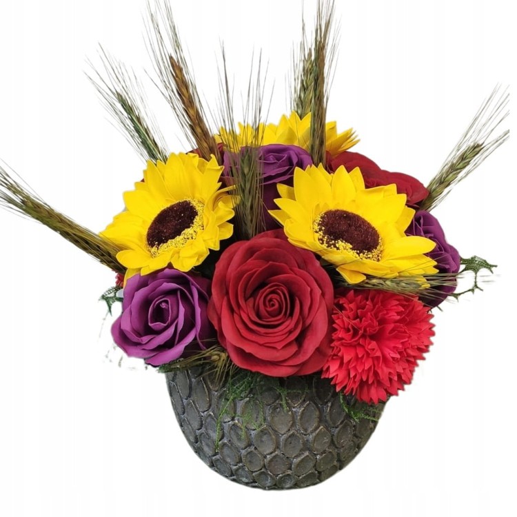 Bukiet słoneczników mydlanych na prezent w rustykalnej ceramicznej osłonce