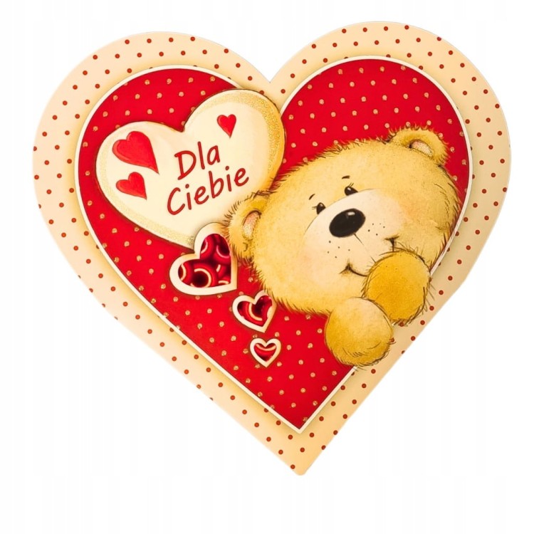 Kartka na Walentynki w kształcie serca z misiem i życzeniami rozkładana