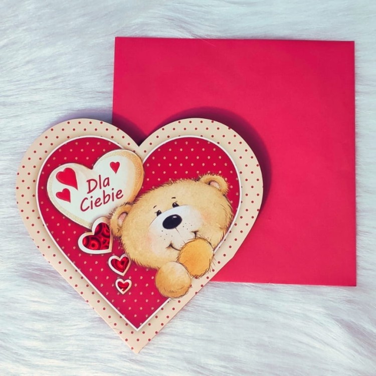 Kartka na Walentynki w kształcie serca z misiem i życzeniami rozkładana