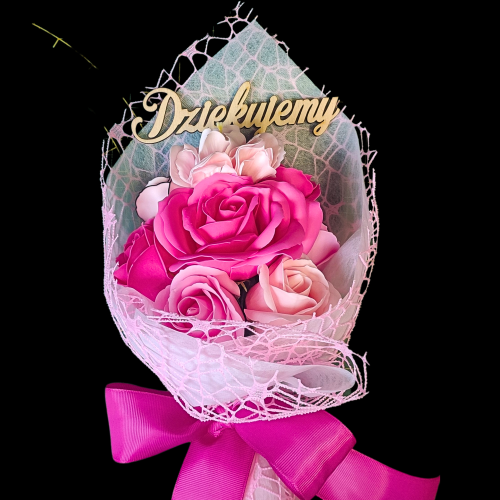 Bukiet mydlany z peonią i różami - prezent dla nauczyciela, topper Dziękujemy