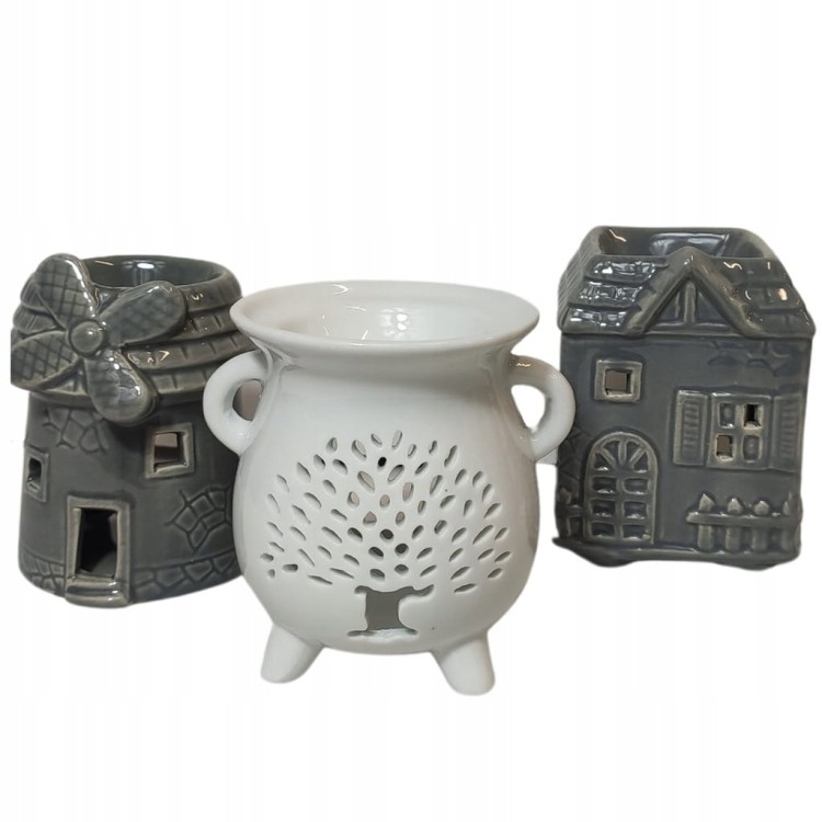 Kominek zapachowy domek szary, podgrzewacz ceramiczny do olejków i wosków