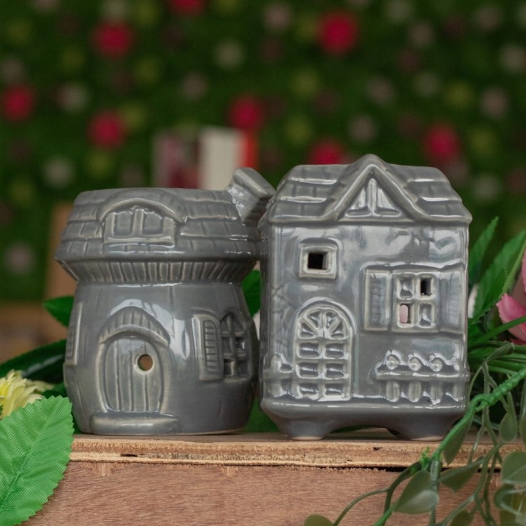 Kominek zapachowy domek szary, podgrzewacz ceramiczny do olejków i wosków