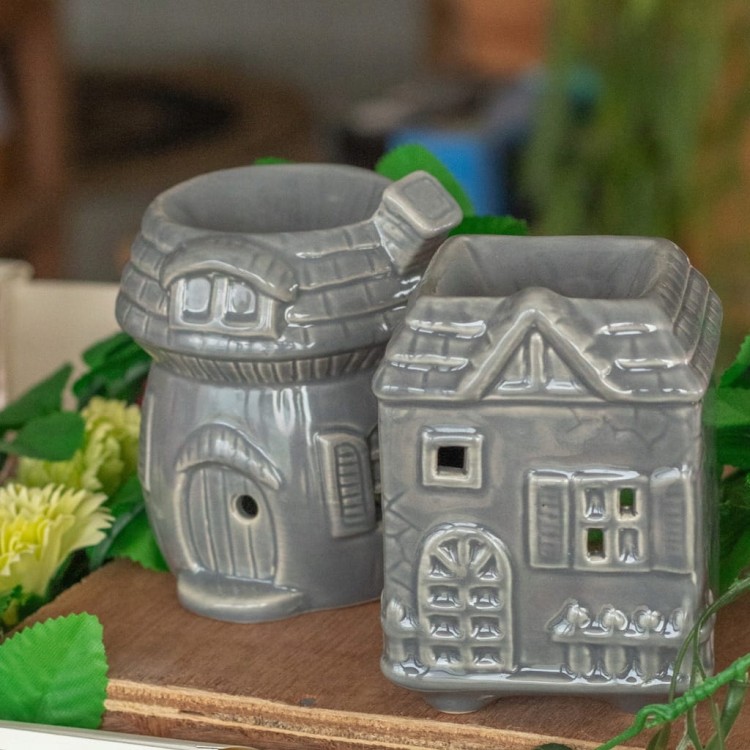 Kominek zapachowy domek szary, podgrzewacz ceramiczny do olejków i wosków